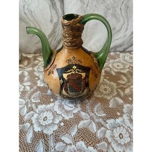 Vintage Italian Green Glass Wrapped Decanter Wine Bottle Crest